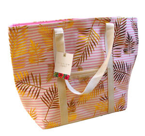 Sunglow Style Beach Tote Pink Gold Palm Leaf Print Canvas Clear Pocket NWT